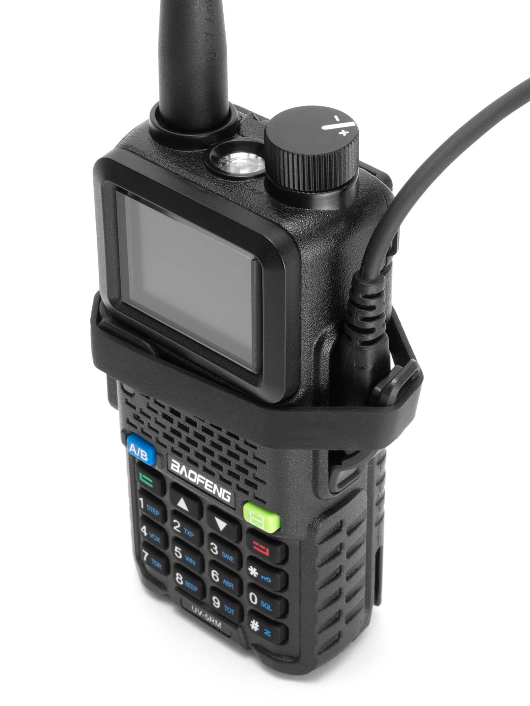 Baofeng UV-5RM with PTT guard installed and extrenal PTT button attached