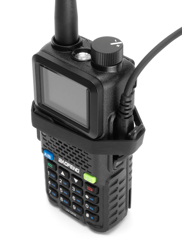 Baofeng UV-5RM with PTT guard installed and extrenal PTT button attached