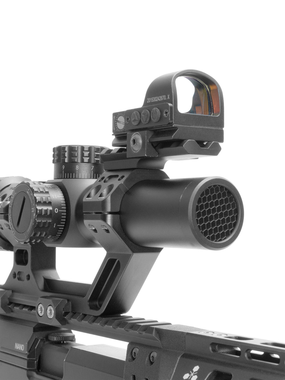 Mini red dot mounted above a scope with the VAS kit on a Nano Carbine build