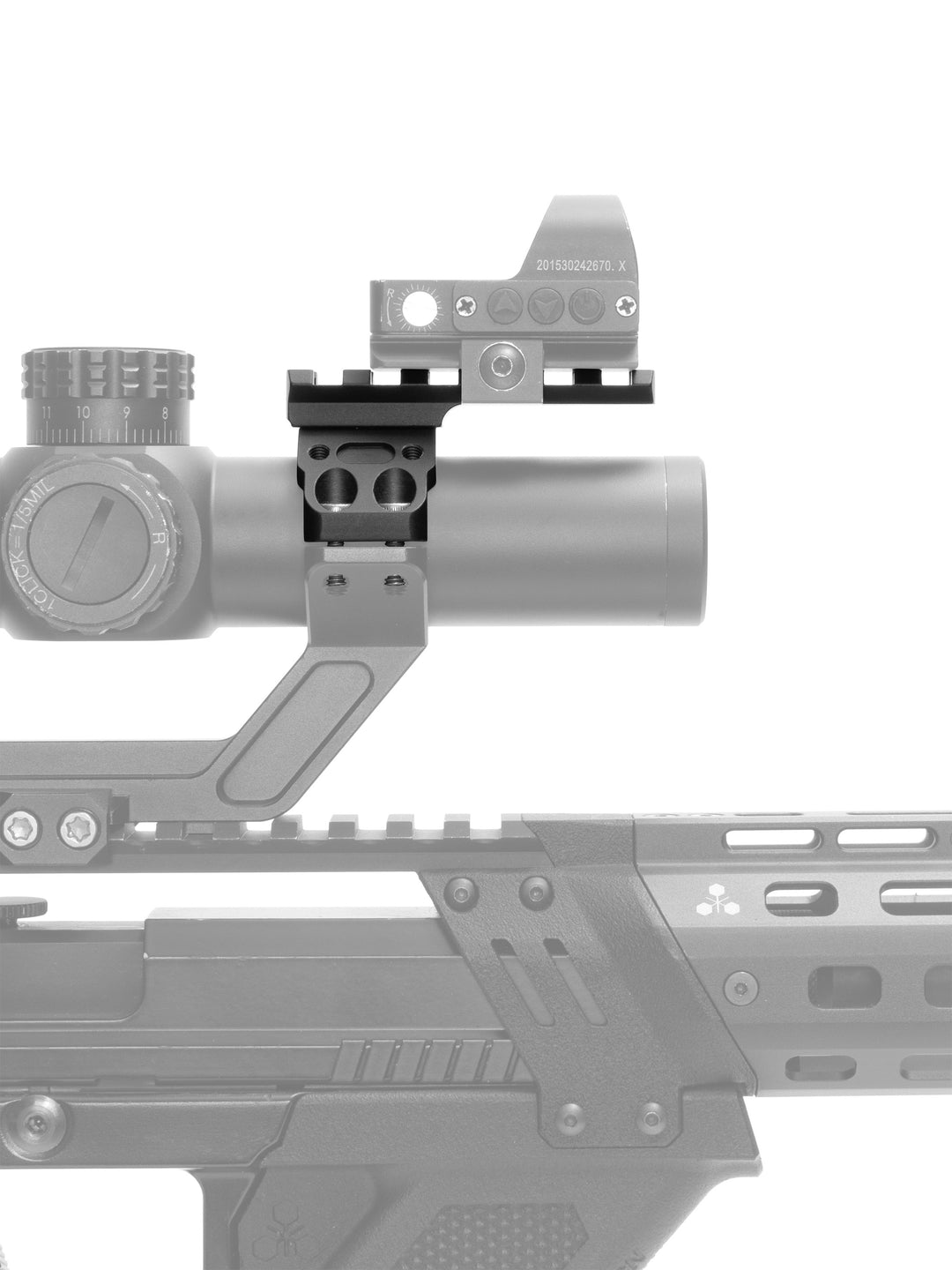 The mount kit highlighted in black, carrying a mini red dot above a scope on an airsoft build