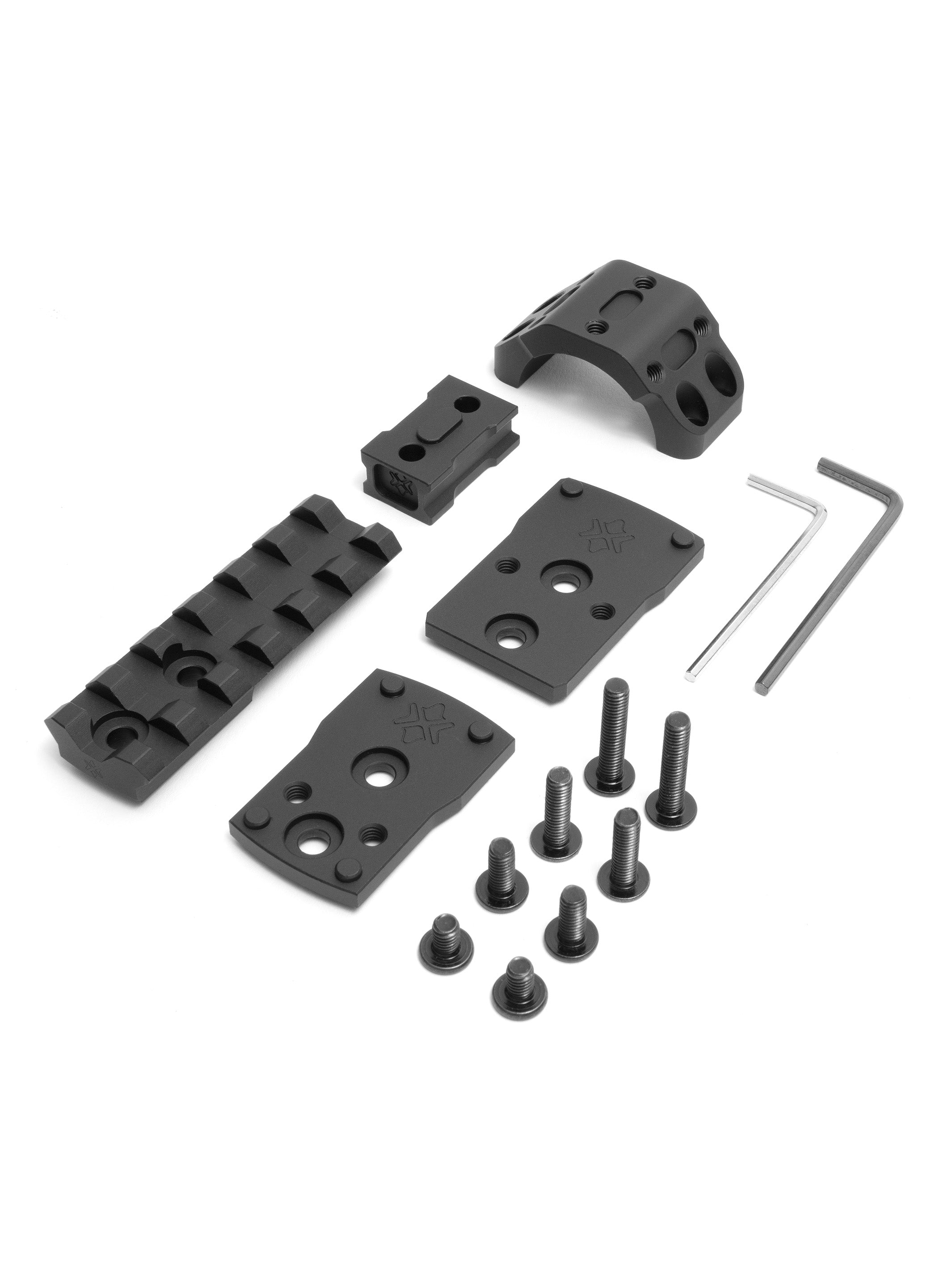 Kit contents: ring clamp, picatinny rail, two footprint plates, screws and two hex keys