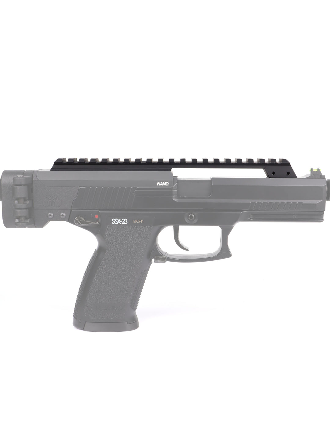 Long picatinny rail mounted on the slide of an SSX23 airsoft pistol, side profile view