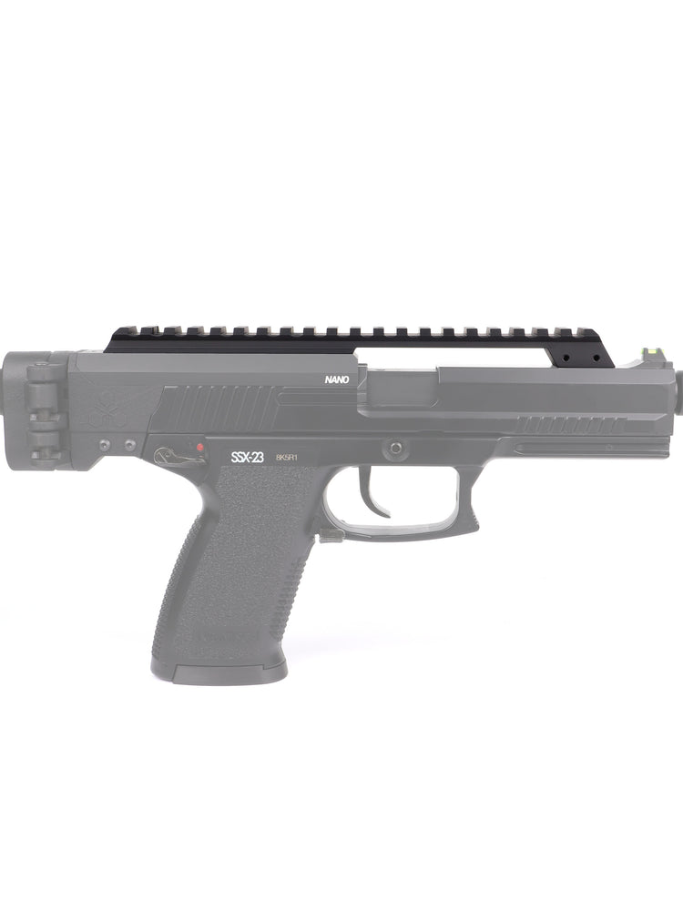 Long picatinny rail mounted on the slide of an SSX23 airsoft pistol, side profile view