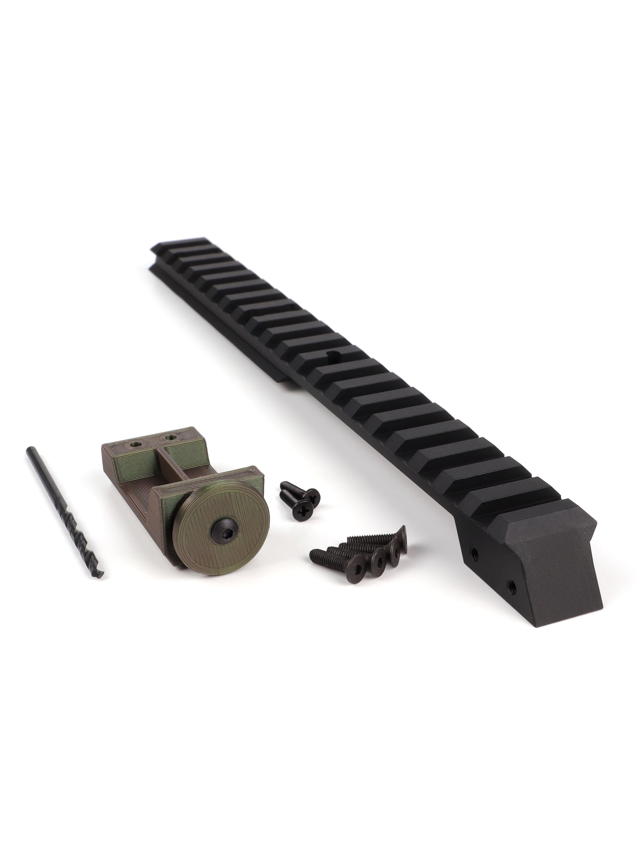 Long picatinny rail kit with 3D printed drill jig, drill bit and mounting screws