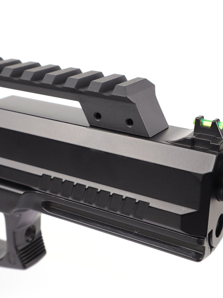 Rear of the long picatinny rail riser bridging the slide, front mounting holes visible