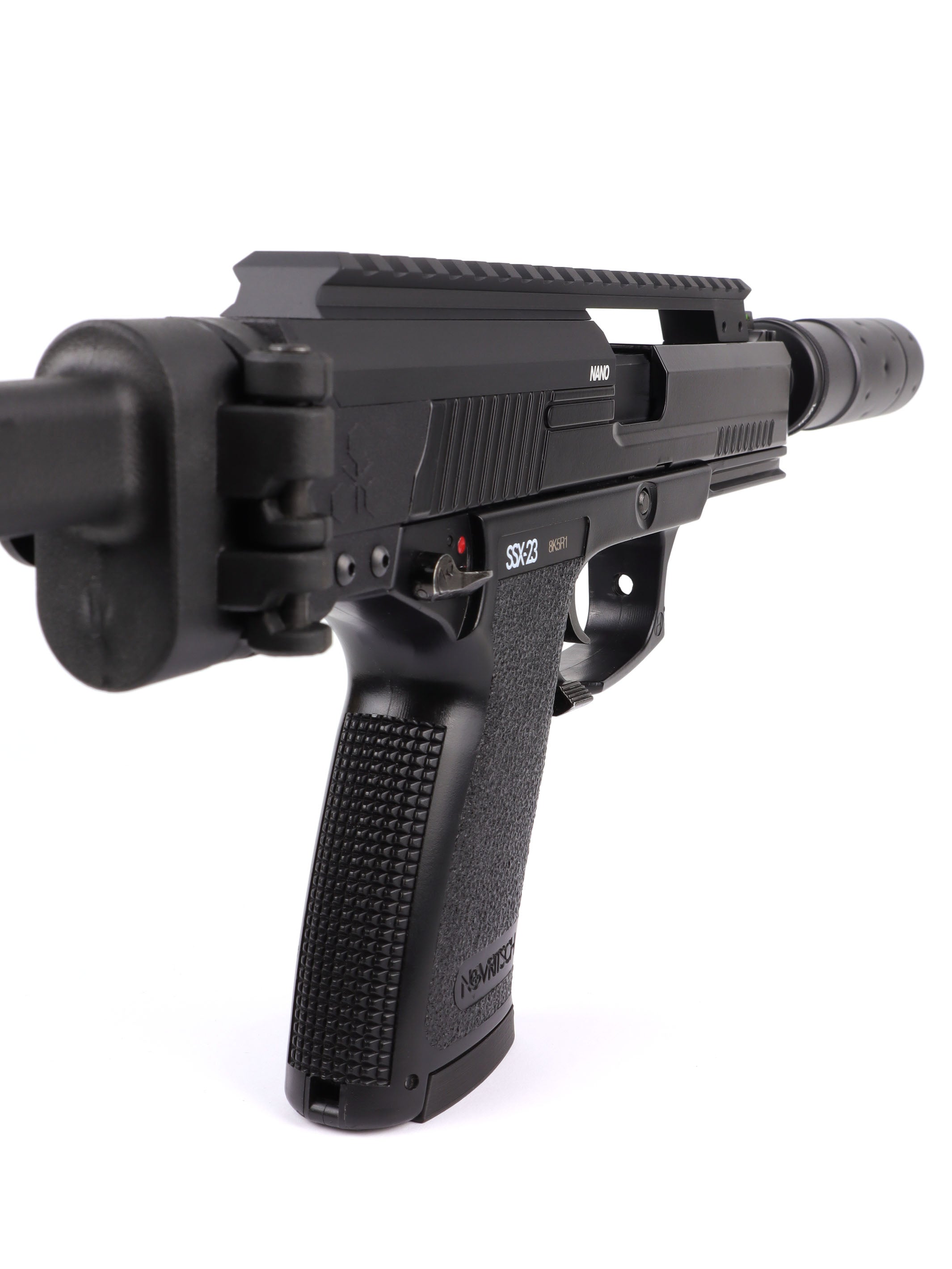 Angled view of a Nano Carbine build with the carbine picatinny rail, stock and suppressor